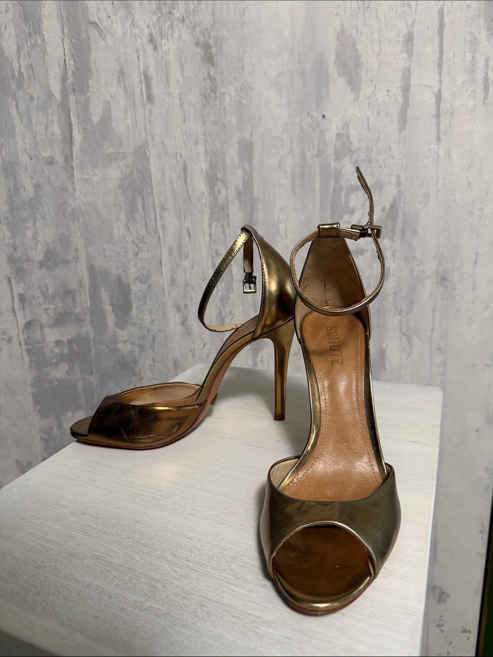 SCHUTZ Metallic Gold Open-Toe Ankle-Strap Stiletto Heels